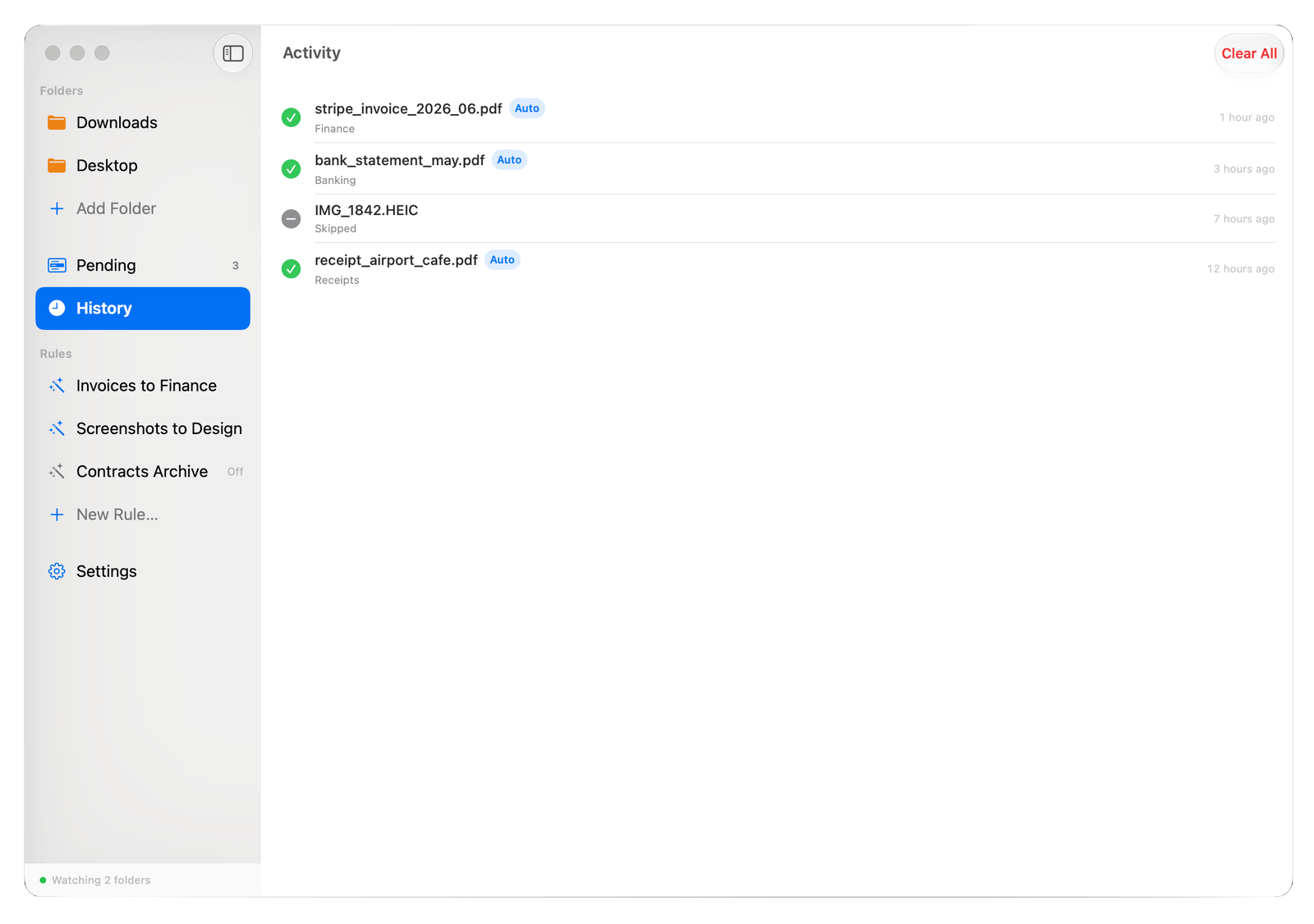 Tidro auto-move history showing files moved by rules